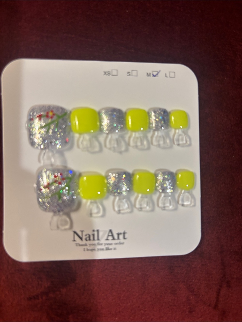 Nail Art Kids Press-On Toe Nails in Neon Yellow & Silver Glitter